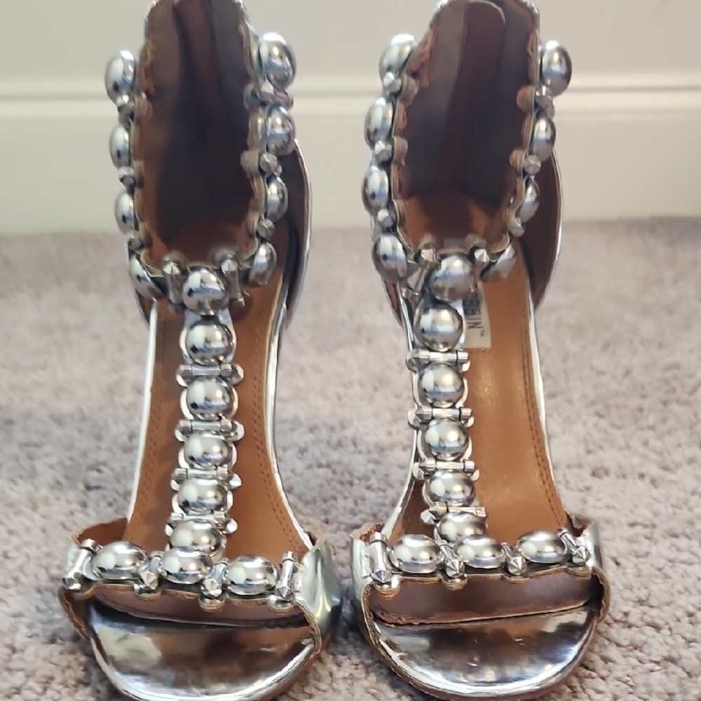 Glamorous Silver High Heeled Sandals with Rhinestones